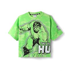Pine Kids Marvel Terry Knit Half Sleeves Oversized And Drop Shoulder T-Shirt With Front And Back Avenger Hulk Graphics And Badge Detailing - Light Green