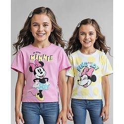 Pine Kids Disney Half Sleeves Oversized Drop Shoulder T-Shirt With Minnie Mouse Family Graphic Pack Of 2 - Pink & Yellow