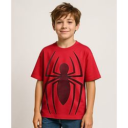 Pine Kids Marvel Single Jersey Knit Half Sleeves Drop Shoulder T-Shirt With Spider Man Graphic - Red
