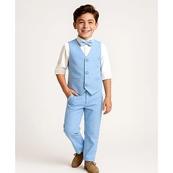 Pine Kids Knit Full Sleeves Solid 3 Piece Party Suit With Bow - Light Blue