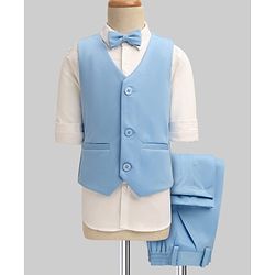 Pine Kids Knit Full Sleeves Solid 3 Piece Party Suit With Bow - Light Blue