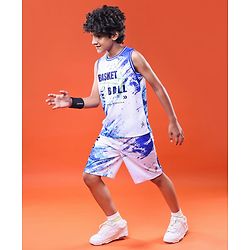 Pine Active Knit Sleeveless Basketball Printed T-Shirt & Shorts Set - White