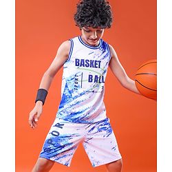 Pine Active Knit Sleeveless Basketball Printed T-Shirt & Shorts Set - White