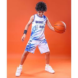 Pine Active Knit Sleeveless Basketball Printed T-Shirt & Shorts Set - White