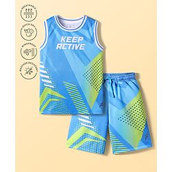 Pine Active Knit Sleeveless Printed Basketball T-Shirt & Shorts Set - Blue