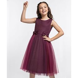 Pine Kids Woven Sleeveless Textured Party Dress with Bow Applique - Wine