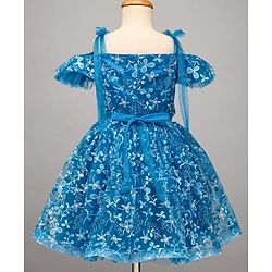 Pine Kids Woven Cold Shoulder Sleeves Party Dress With Floral Print - Blue