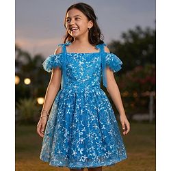 Pine Kids Woven Cold Shoulder Sleeves Party Dress With Floral Print - Blue
