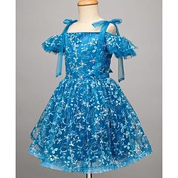 Pine Kids Woven Cold Shoulder Sleeves Party Dress With Floral Print - Blue