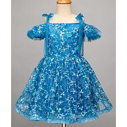Pine Kids Woven Cold Shoulder Sleeves Party Dress With Floral Print - Blue