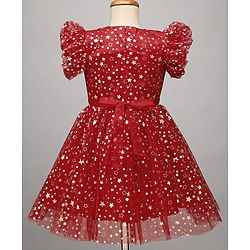 Pine Kids Woven Frill Sleeves Party Dress With Star Print & Bow Applique - Red