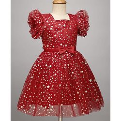 Pine Kids Woven Frill Sleeves Party Dress With Star Print & Bow Applique - Red