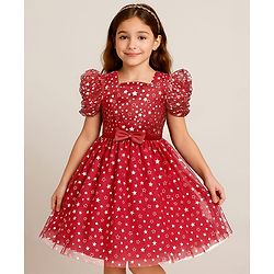 Pine Kids Woven Frill Sleeves Party Dress With Star Print & Bow Applique - Red