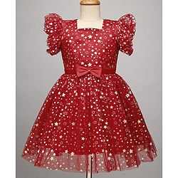 Pine Kids Woven Frill Sleeves Party Dress With Star Print & Bow Applique - Red