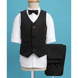 Pine Kids Knit Full Sleeves Solid Color 3 Piece Party Suit with Bow - Black