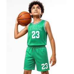 Pine Active Knit Sleeveless Number Printed Basketball T-Shirt & Shorts Set - Green