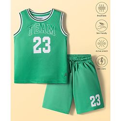 Pine Active Knit Sleeveless Number Printed Basketball T-Shirt & Shorts Set - Green