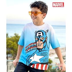 Pine Kids Marvel Terry Knit Half Sleeves Oversized Drop Shoulder Ombre Effect T-Shirt With Avengers Captain America Graphics - Light Blue