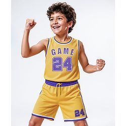 Pine Active Sleeveless Basketball T-Shirt & Short With Game Print - Yellow