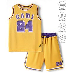 Pine Active Sleeveless Basketball T-Shirt & Short With Game Print - Yellow