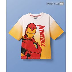 Pine Kids Marvel Terry Knit Half Sleeves Oversized Drop Shoulder Ombre Effect T-Shirt With Avengers Iron Man Graphics -Yellow & White