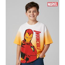 Pine Kids Marvel Terry Knit Half Sleeves Oversized Drop Shoulder Ombre Effect T-Shirt With Avengers Iron Man Graphics -Yellow & White