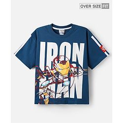Pine Kids Marvel Terry Knit Half Sleeves Oversize Drop Shoulder T-Shirt With Avengers-Iron Man Graphics And Badge Detailing - Navy Blue