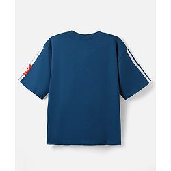 Pine Kids Marvel Terry Knit Half Sleeves Oversize Drop Shoulder T-Shirt With Avengers-Iron Man Graphics And Badge Detailing - Navy Blue