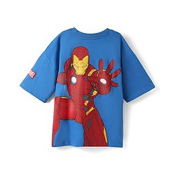 Pine Kids Marvel Terry Knit Half Drop Shoulder Sleeves Oversized T-Shirt with Front & Back Iron Man Graphics & Foil Detailing - Blue