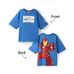 Pine Kids Marvel Terry Knit Half Drop Shoulder Sleeves Oversized T-Shirt with Front & Back Iron Man Graphics & Foil Detailing - Blue