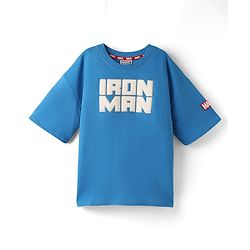 Pine Kids Marvel Terry Knit Half Drop Shoulder Sleeves Oversized T-Shirt with Front & Back Iron Man Graphics & Foil Detailing - Blue