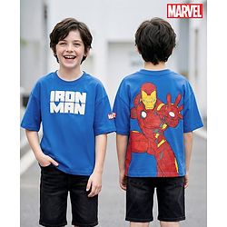 Pine Kids Marvel Terry Knit Half Drop Shoulder Sleeves Oversized T-Shirt with Front & Back Iron Man Graphics & Foil Detailing - Blue