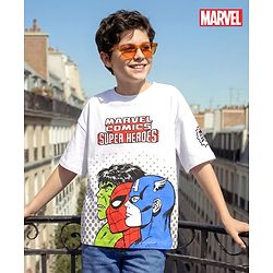 Pine Kids Marvel Terry Knit Half Drop Shoulder Sleeves Oversized T-Shirt with Avengers Graphics & Badge Detailing - White