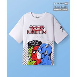 Pine Kids Marvel Terry Knit Half Drop Shoulder Sleeves Oversized T-Shirt with Avengers Graphics & Badge Detailing - White