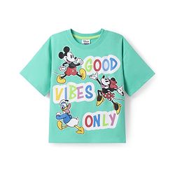 Pine Kids Disney Terry Knit Half Sleeves Oversized Drop Shoulder T-Shirt With Mickey Mouse And Family Graphics - Light Green