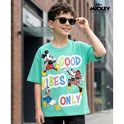Pine Kids Disney Terry Knit Half Sleeves Oversized Drop Shoulder T-Shirt With Mickey Mouse And Family Graphics - Light Green