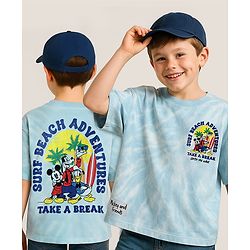 Pine Kids Disney Terry Knit Half Sleeves Oversized And Drop Shoulder Tie And Dye T-Shirt With Front And Back Mickey Mouse And Family Graphics -