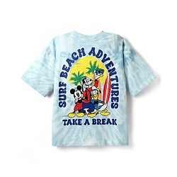 Pine Kids Disney Terry Knit Half Sleeves Oversized And Drop Shoulder Tie And Dye T-Shirt With Front And Back Mickey Mouse And Family Graphics -