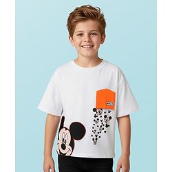 Pine Kids Marvel Terry Knit Half Sleeves Oversize And Drop Shoulder T-Shirt With Mickey Mouse Graphics And Reversible Pocket Detailing - White