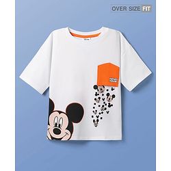 Pine Kids Marvel Terry Knit Half Sleeves Oversize And Drop Shoulder T-Shirt With Mickey Mouse Graphics And Reversible Pocket Detailing - White