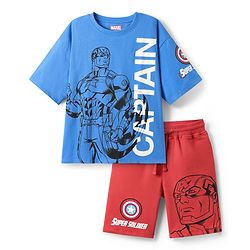 Pine Kids Marvel Single Jersey Knit Half Sleeve Drop Shoulder T-Shirt & Short Set With Captain America Graphic - Blue & Red