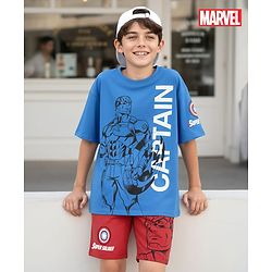 Pine Kids Marvel Single Jersey Knit Half Sleeve Drop Shoulder T-Shirt & Short Set With Captain America Graphic - Blue & Red