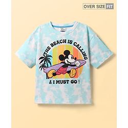 Pine Kids Disney Terry Knit Half Sleeves Oversized Drop Shoulder Tie And Dye T-Shirt With Mickey Mouse Graphics - Light Blue