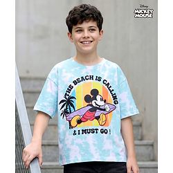 Pine Kids Disney Terry Knit Half Sleeves Oversized Drop Shoulder Tie And Dye T-Shirt With Mickey Mouse Graphics - Light Blue