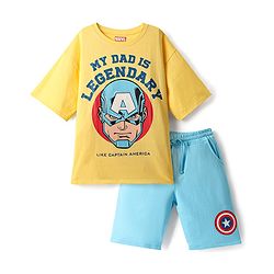Pine Kids Marvel Single Jersey Knit Half Sleeves Drop Shoulder T-Shirt & Short Set With Captain America Graphics - Yellow & Blue
