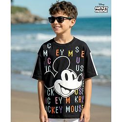 Pine Kids Disney Terry Knit Half Sleeves Oversize And Drop Shoulder T-Shirt With Mickey Mouse Graphics - Black