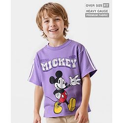 Pine Kids Disney Terry Knit Half Drop Shoulder Sleeves Oversized T-Shirt with Mickey Mouse Graphics - Lavender