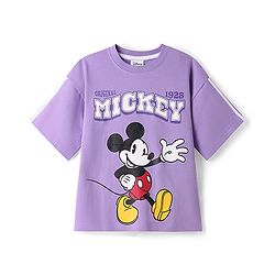 Pine Kids Disney Terry Knit Half Drop Shoulder Sleeves Oversized T-Shirt with Mickey Mouse Graphics - Lavender