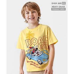 Pine Kids Disney Terry Knit Half Sleeves Oversize And Drop Shoulder T-Shirt With Front And Back Mickey Mouse Graphics - Yellow