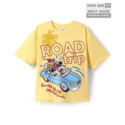 Pine Kids Disney Terry Knit Half Sleeves Oversize And Drop Shoulder T-Shirt With Front And Back Mickey Mouse Graphics - Yellow